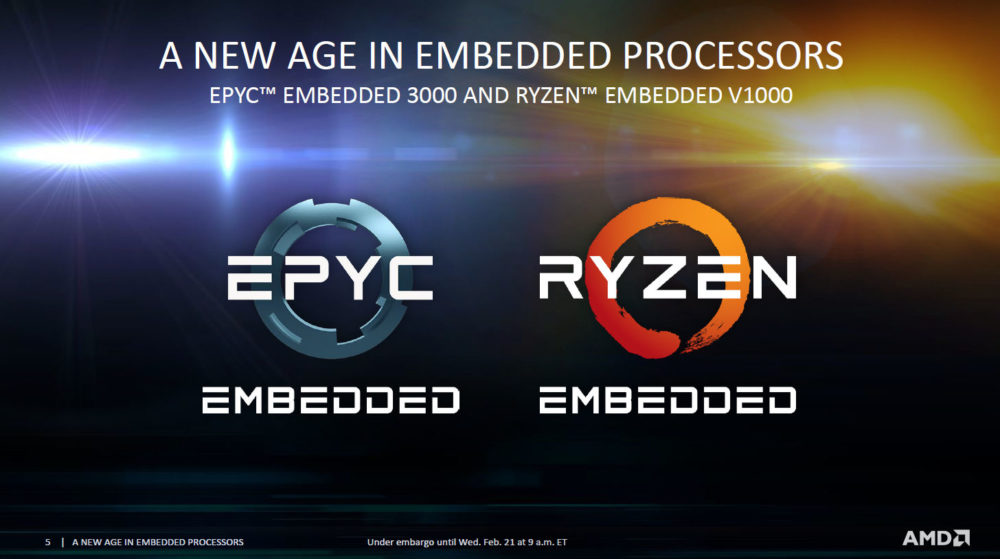 amd epyc ryzen embedded 2 1000x559 AMD ประกาศเปิดตัวซีพียูรุ่นใหม่ล่าสุด AMD EPYC 3000 และ AMD Ryzen V1000 Embedded (APU) สองรุ่นที่ใช้งานกับเซิพเวอร์เวิร์คสเตชั่นและออกแบบเกมส์มิ่ง