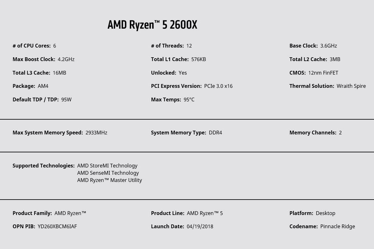 spec ryzen 5 2600x AMD RYZEN 5 2600X PROCESSOR REVIEW