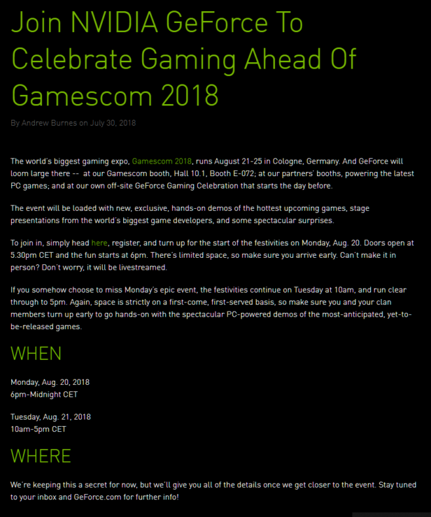 nvidia geforce 11 gamescom 2018 616x740 ลืออีกรอบ!! NVIDIA อาจเปิดตัว GTX 11/20 ซีรี่ย์ในงาน Gamecom2018 GeForce Gaming Celebration วันที่ 20สิงหาคมที่จะถึงนี้