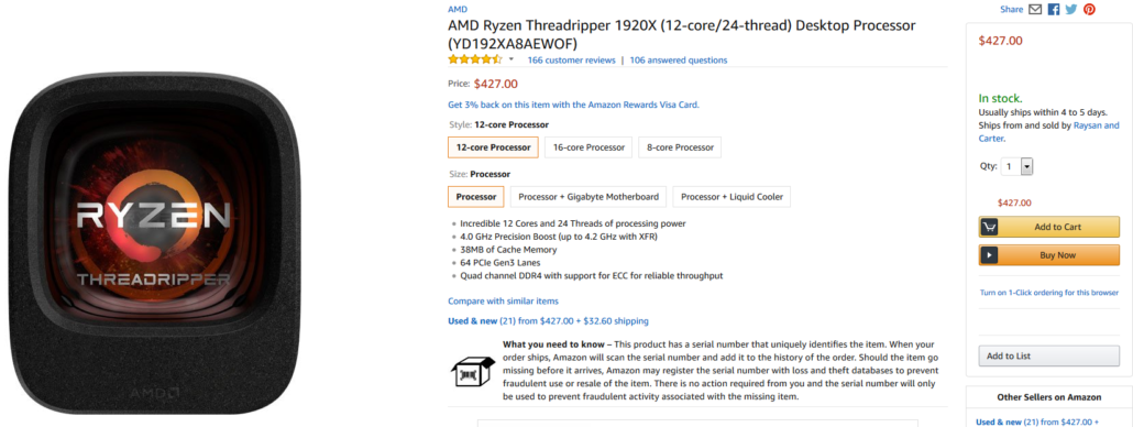 amd ryzen 7 1920x 1030x388 AMD Ryzen Threadripper 1920X รุ่น 12คอร์ ลดราคาลงต่ำสุดเหลือเพียง 249USD หรือประมาณ 8พันบาทต้นๆเท่านั้น !!!