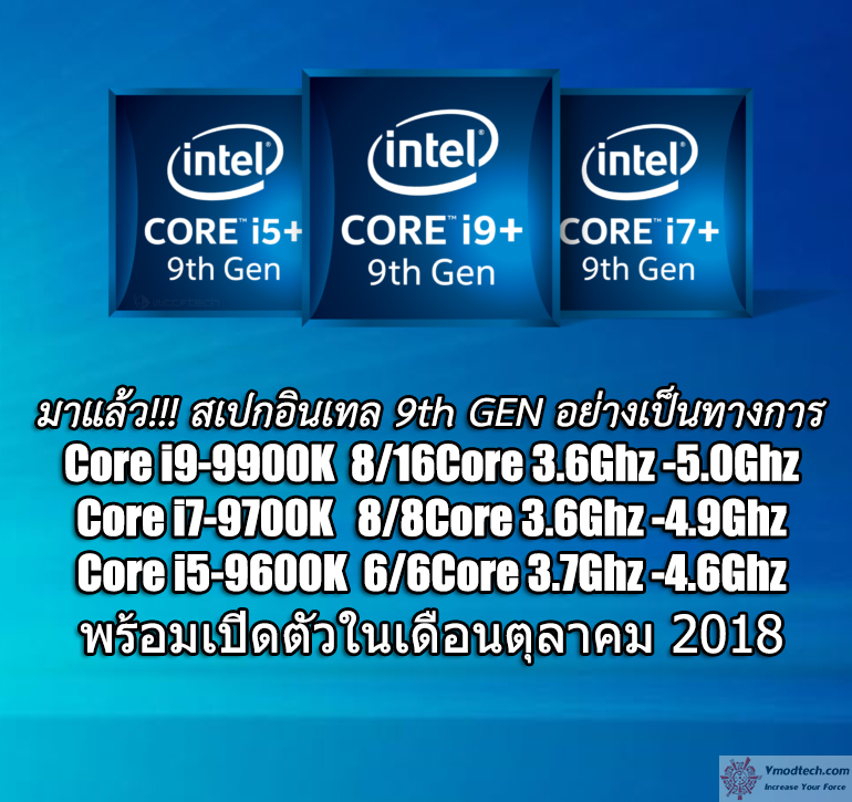 intel 9th generation อินเทลเผยสเปก Intel Core i9 9900K, Core i7 9700K, และ Core i5 9600K อย่างเป็นทางการ