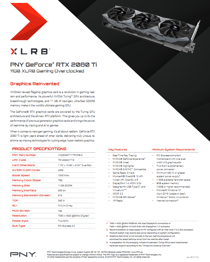 pny rtx 2080 ti xlr8 manual PNY เผยราคาและสเปกของ NVIDIA GeForce RTX 2080 Ti และ RTX 2080 รุ่นใหม่ล่าสุด 