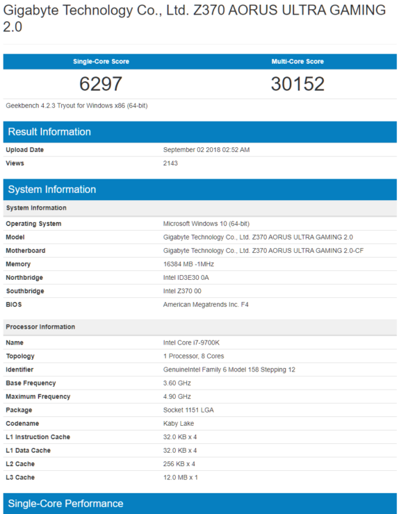 intel core i7 9700k geekbench cpu performance 1 577x740 หลุดผลทดสอบ Intel Core i7 9700K ถูกโอเวอร์คล๊อกไปที่ความเร็ว 5.3Ghz แบบ On Air บนฮีตซิงค์ลม