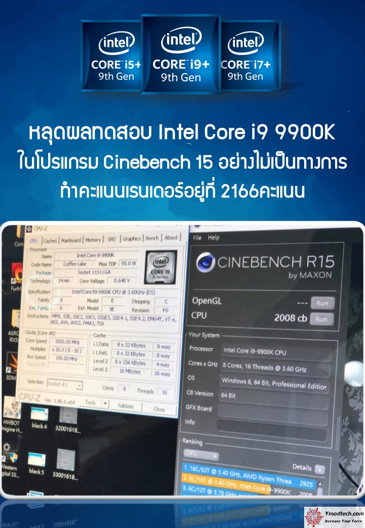หลุดผลทดสอบ Intel Core i9 9900K ในโปรแกรม Cinebench 15 อย่างไม่เป็นทางการ ทำคะแนนเรนเดอร์อยู่ที่ 2166คะแนน 