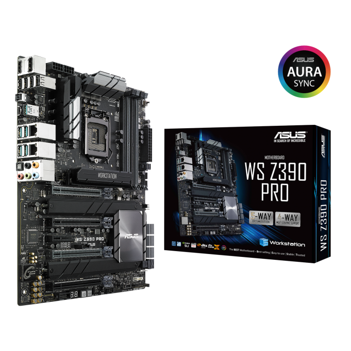 ws z390 pro with box aura 720x720 ASUS ประกาศเปิดตัวเมนบอร์ดซีรีส์ Intel Z390 รุ่นใหม่ล่าสุด 5รุ่นพร้อมรองรับซีพียู Intel Core 9th Generation เต็มรูปแบบ