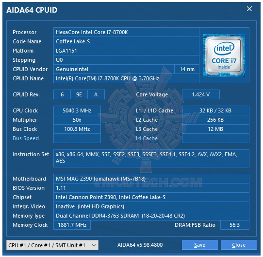 aida64 oc MSI MAG Z390 TOMAHAWK & Intel Core i7 8700K REVIEW