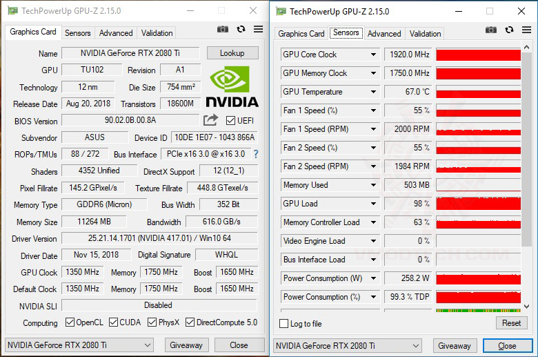 gpuz ASUS ROG Strix GeForce RTX 2080 Ti OC edition 11GB GDDR6 Review