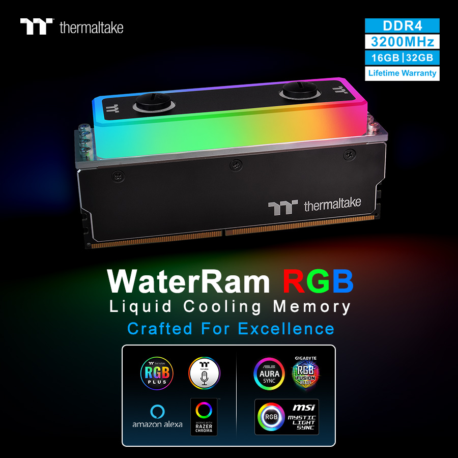 thermaltake waterram rgb liquid cooling ddr4 memory  2 Thermaltake เปิดตัวแรมของตนเองพร้อมชุดระบายความร้อนแรมรุ่นใหม่ล่าสุด Thermaltake WaterRam RGB Liquid Cooling DDR4 Memory 3200MHz 32GB/16GB พร้อมวางจำหน่ายเร็วๆนี้