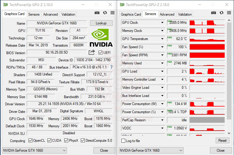 gpuz oc MSI GEFORCE GTX 1660 GAMING X 6G & Intel Core i9 9900K REVIEW