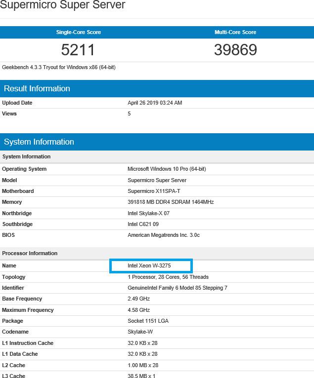 786861 หลุดผลทดสอบ Intel Xeon W 3275 รุ่นใหม่ล่าสุดกับสเปก 28Core 58Threads โผล่ในโปรแกรม Geekbench 