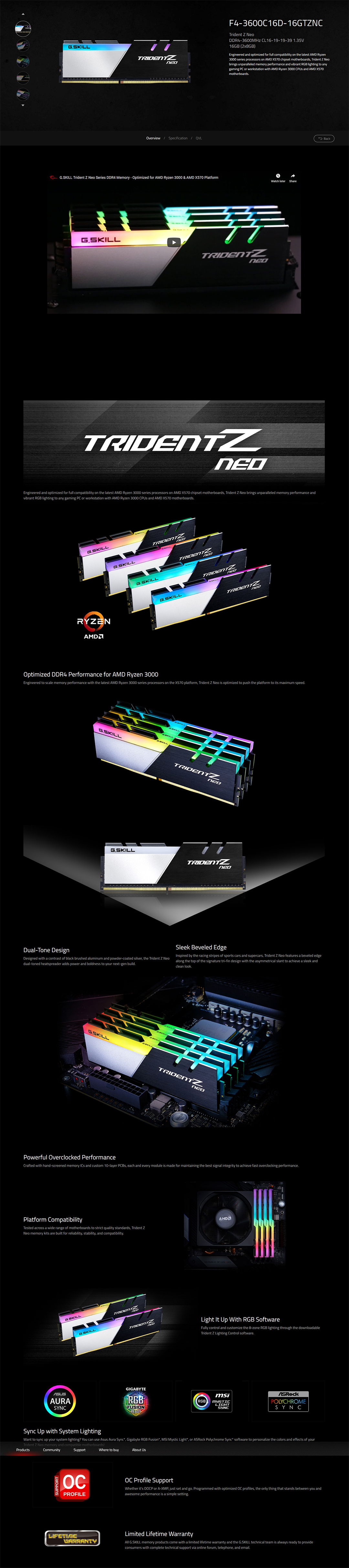 spec G.SKILL Trident Z Neo DDR4 3600MHz CL16 19 19 39 1.35V 16GB (2x8GB) Review