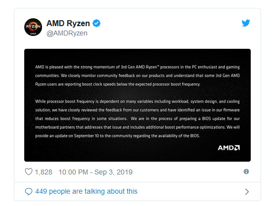 AMD เตรียมปล่อยไบออสแก้ไขปัญหา Boost Frequency ในความเร็วซีพียู AMD Ryzen 3000 Series ทุกรุ่นในเดือนนี้ AMD เตรียมปล่อยไบออสแก้ไขปัญหา Boost Frequency ในความเร็วซีพียู AMD Ryzen 3000 Series ทุกรุ่นในเดือนนี้