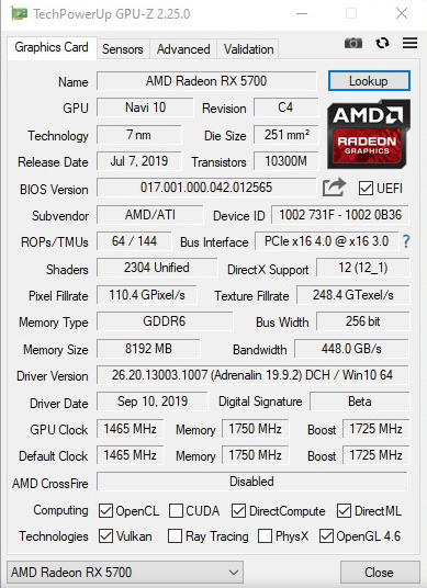 gpuz AMD RADEON RX 5700 REVIEW 
