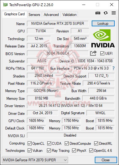 gpuz ASUS GeForce RTX 2070 SUPER DUAL EVO OC Edition Review