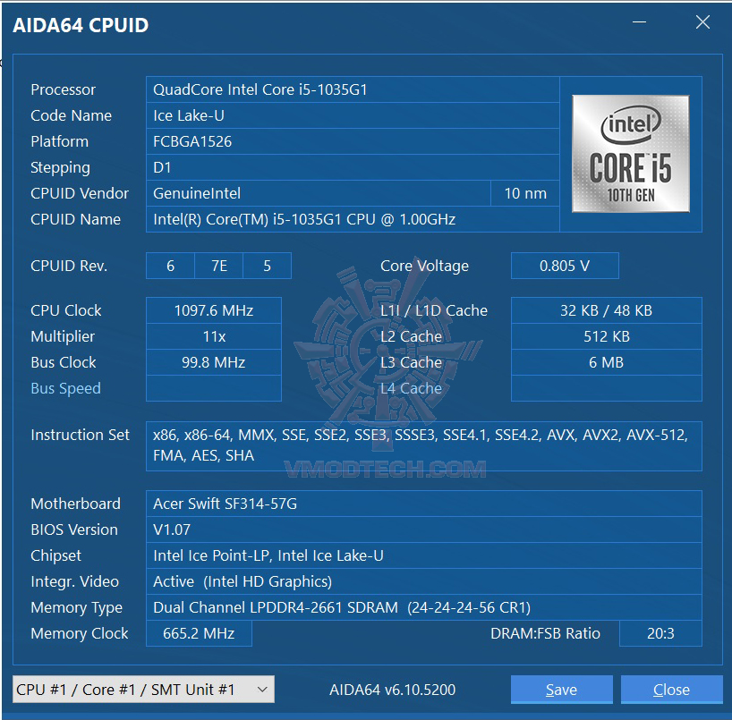 aida64 Acer Swift 3 2019 Intel Core i5 10th GEN Review