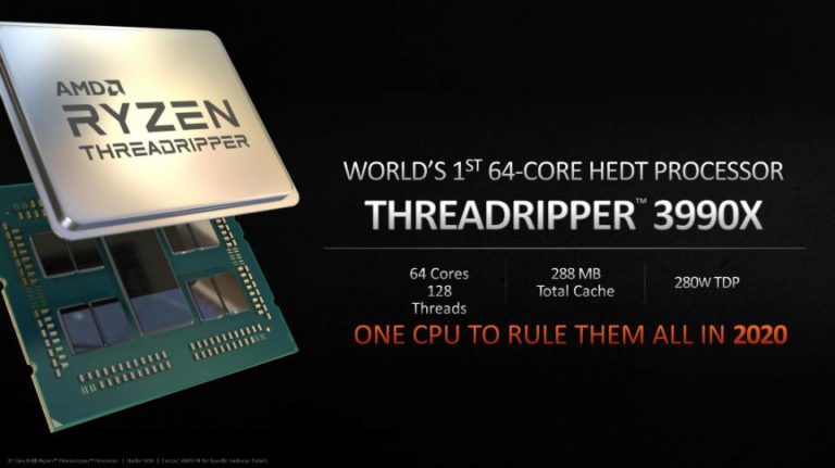 amd ryzen threadipper 3990x 768x431 AMD เตรียมปล่อยซีพียู AMD Ryzen Threadripper 3990X กับจำนวนคอร์ 64C/128T แคสรวม 288 MB ในปีหน้า 2020