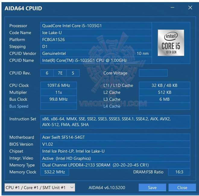 aida64 Acer Swift 5 2019 Intel Core i5 10th GEN Review