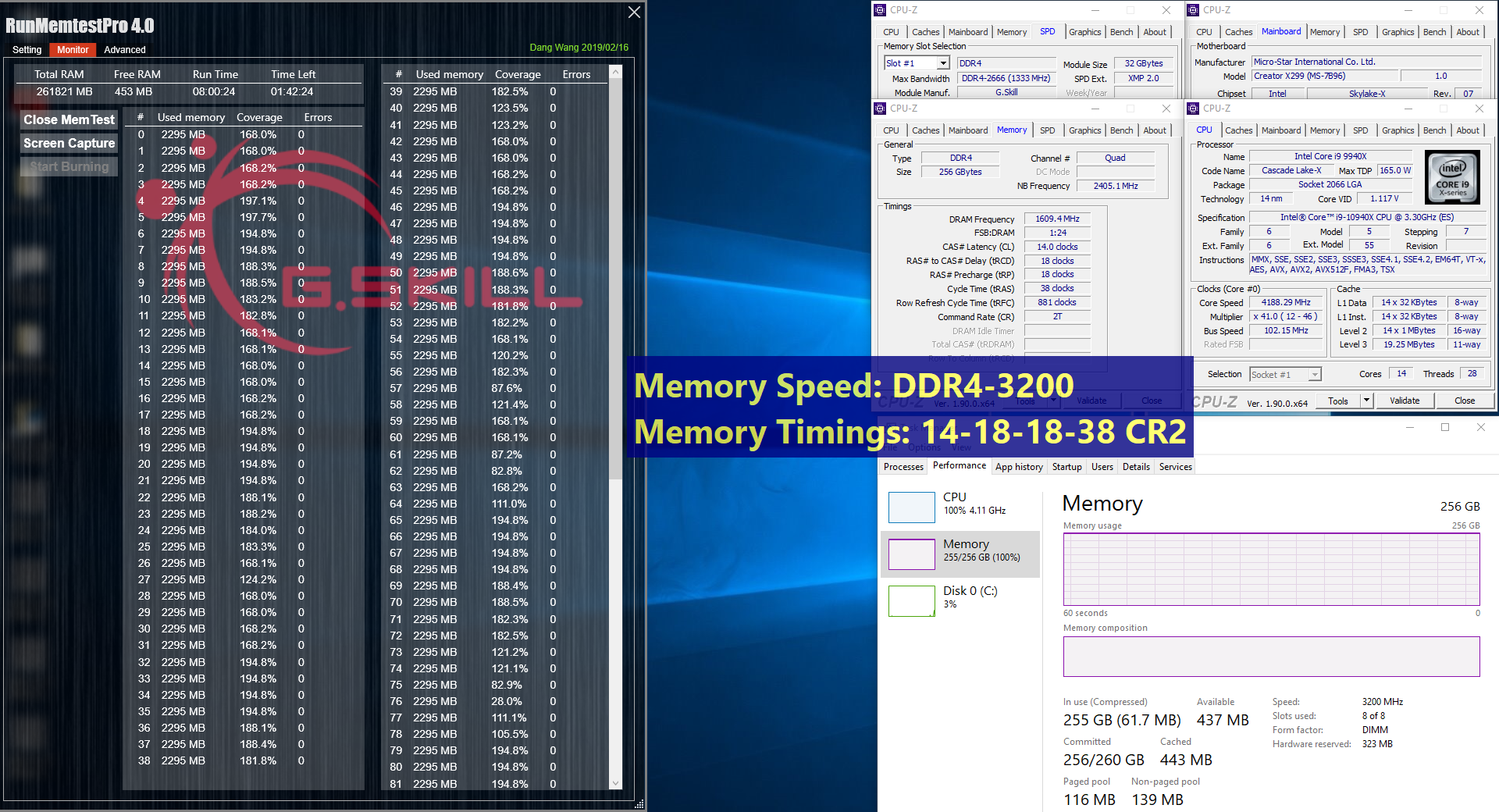 3200c14 18 18 38256gbintel10940xmsi8hrs G.SKILL ประกาศเปิดตัวแรมรุ่นใหม่ล่าสุด Ultra Low Latency DDR4 32GB เน้น CL ที่ต่ำกับความจุที่สูง 256GB (32GBx8), 128GB (32GBx4), และ 64GB (32GBx2)