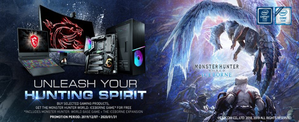 picture2 MSI จัดโปรโมชั่นพิเศษเมื่อซื้อสินค้าที่ร่วมรายการ รับฟรีเกม Monster Hunter World: Iceborne Game รวมถึง Monster Hunter: World base game the Iceborne expansion ระยะเวลาโปรโมชั่น: 7/12/2562   31/01/2563 ของแถมมีจำนวนจำกัด
