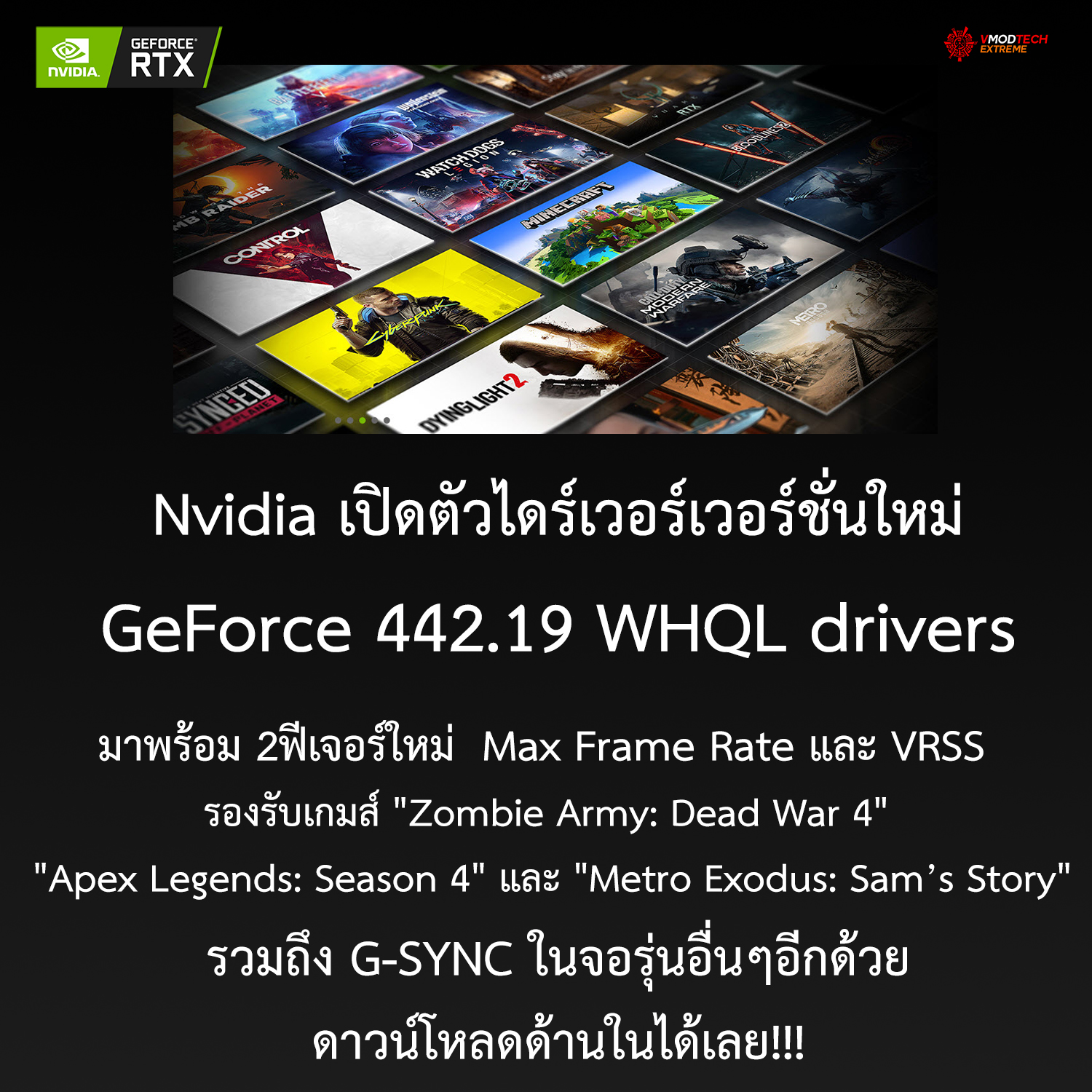 nvidia geforce 442 Nvidia เปิดตัวไดร์เวอร์เวอร์ชั่นใหม่ GeForce 442.19 WHQL drivers รองรับเกมส์ Zombie Army: Dead War 4 Apex Legends: Season 4 และ Metro Exodus: Sam’s Story รวมถึง G SYNC ในจอรุ่นอื่นๆอีกด้วย