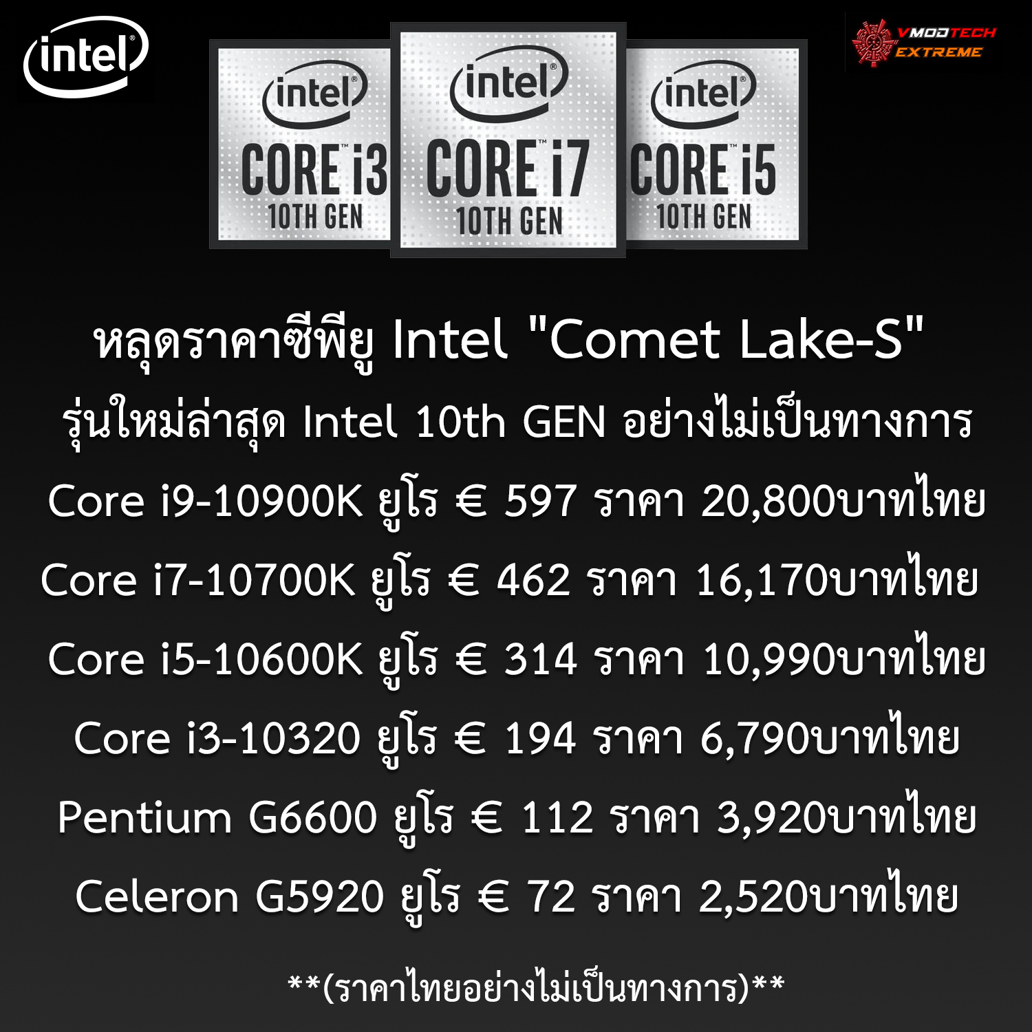 intel 10th gen comet lake s price หลุดราคาซีพียู Intel Comet Lake S รุ่นใหม่ล่าสุด 10th GEN อย่างไม่เป็นทางการ