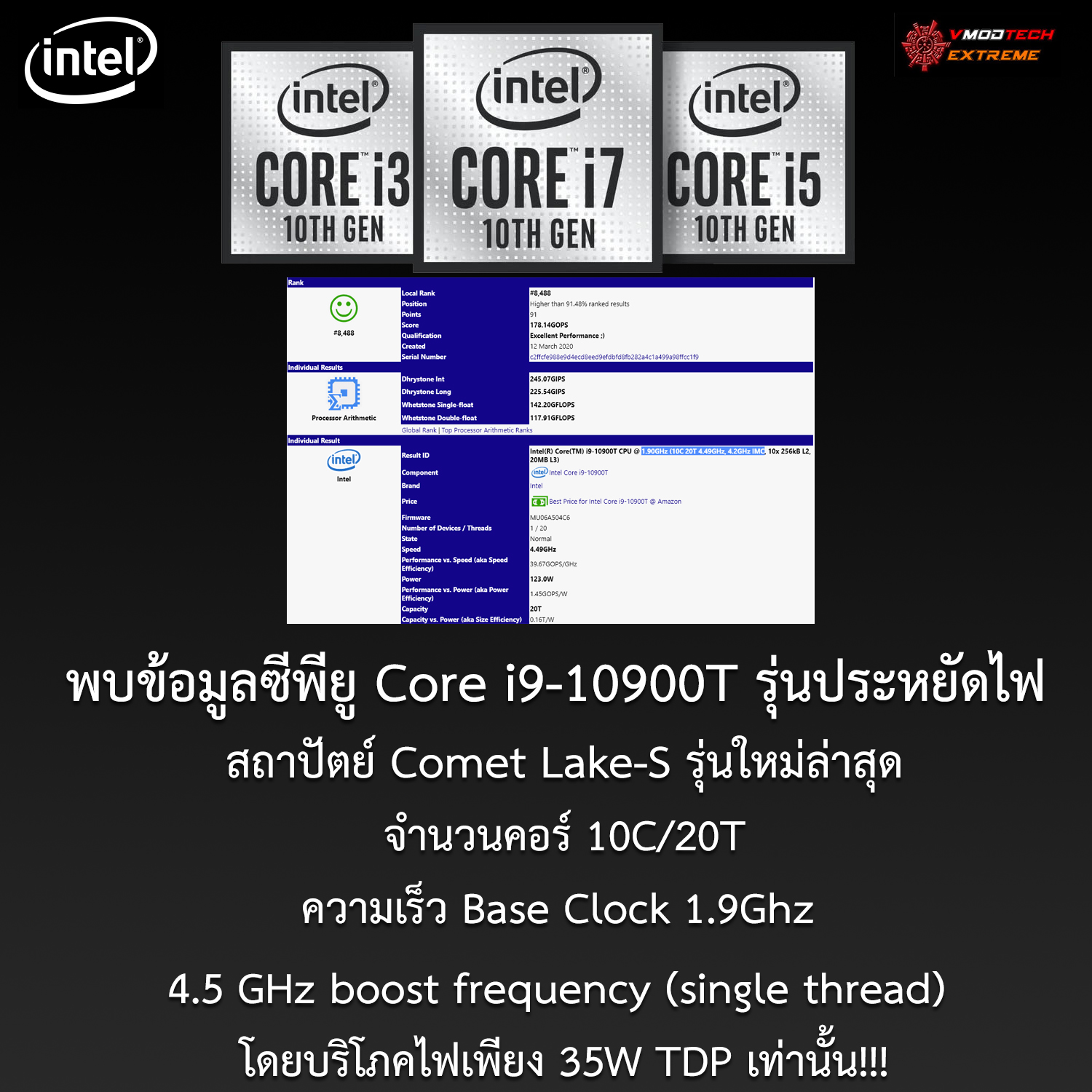 intel-10th-gen-commet-lake-s-core-i9-10900t intel 10th gen commet lake s core i9 10900t พบข้อมูลซีพียู Core i9 10900T 10C/20T สถาปัตย์ Comet Lake S รุ่นใหม่ล่าสุดที่ยังไม่เปิดตัวอย่างเป็นทางการ โดยบริโภคไฟเพียง 35W TDP เท่านั้น