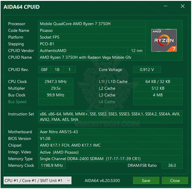 aida64 ACER NITRO 5 AN515 43 R0T3 AMD RYZEN 7 3750H VGA GTX 1650 120HZ IPS REVIEW 
