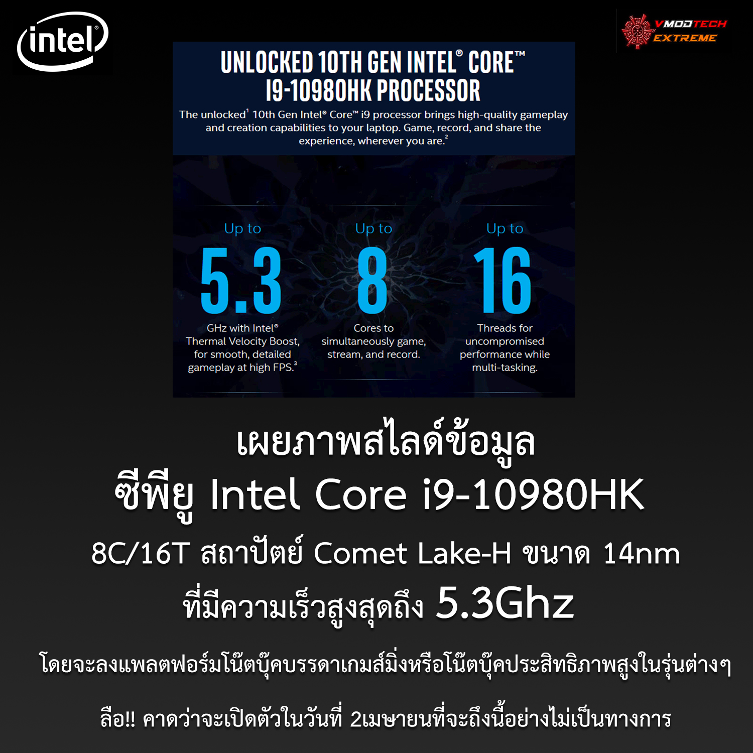 เผยภาพสไลด์ซีพียู Intel Core i9-10980HK ใช้งานในโน๊ตบุ๊คประสิทธิภาพสูงที่มีความเร็วสูงสุดถึง 5.3Ghz กันเลยทีเดียว 