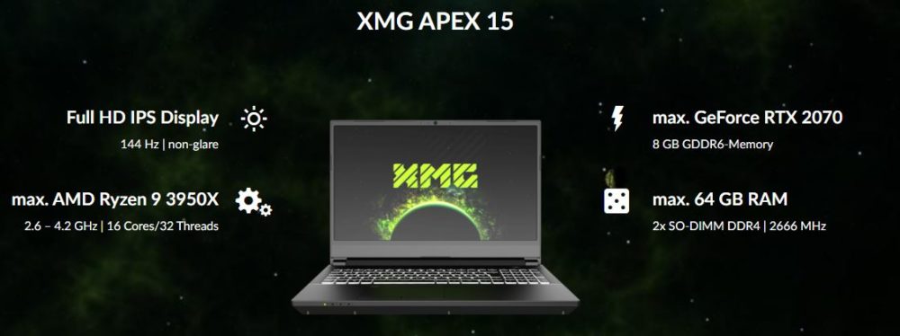 amd ryzen with xmg apex 15 1000x374 AMD จัดหนักจับซีพียู AMD Ryzen 9 3950X 16C/32T ลงในโน๊ตบุ๊คแบรนด์ Schenker (CLEVO) XMG APEX 15 แบบจัดเต็มในราคาประมาณ 48,XXXบาทไทย 