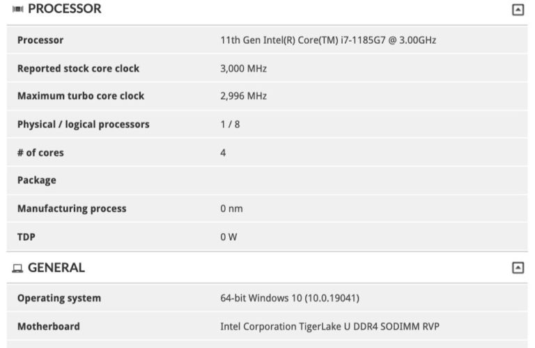intel tiger lake 11 i7 1185g7 768x500 ลือ!! พบข้อมูลซีพียู Intel 11th Gen ในรุ่น Core i7 1185G7 ปรากฏในโปรแกรมทดสอบ 3DMark อย่างไม่เป็นทางการ 