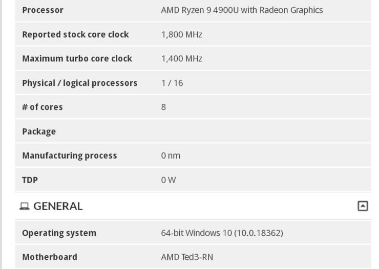 amd ryzen 9 4900u renoir cpu performance specs 2 740x526 หลุด!! พบข้อมูล AMD Ryzen 9 4900U 8C/16T ความเร็ว 4.3Ghz สถาปัตย์ ZEN2 รหัส Renoir รุ่นใหม่ล่าสุดอย่างไม่เป็นทางการ  