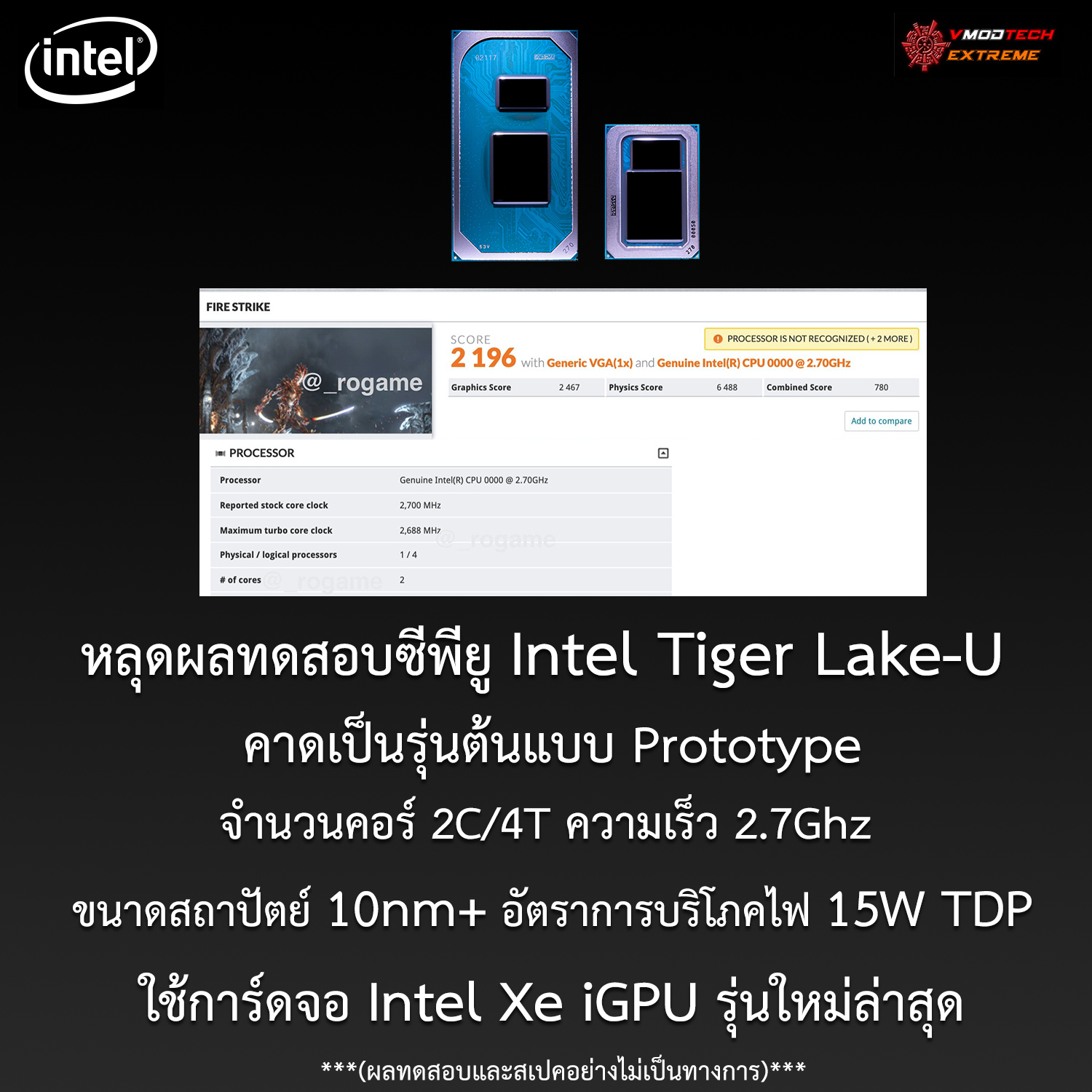 intel tiger lake u intel xe 2021 หลุดผลทดสอบที่คาดว่าเป็นซีพียู Intel Tiger Lake U รุ่นต้นแบบ Prototype ใช้การ์ดจอ Intel Xe iGPU รุ่นใหม่ล่าสุดในรุ่นที่12 คาดเปิดตัวปี 2021 อย่างไม่เป็นทางการ 