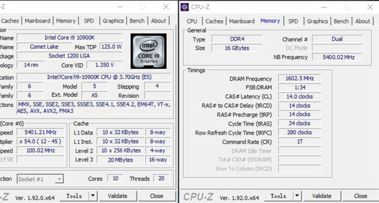 intel core i9 10900k 54 ghz cpuz 768x412 หลุด!! ผลทดสอบ Intel Core i9 10900K ที่ความเร็ว 5.4 GHz ในโปรแกรม Cinebench 15 อย่างไม่เป็นทางการ 
