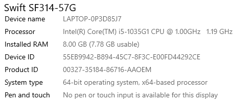 system summary Acer Swift 3 with Intel Core i5 GEN 10th Review