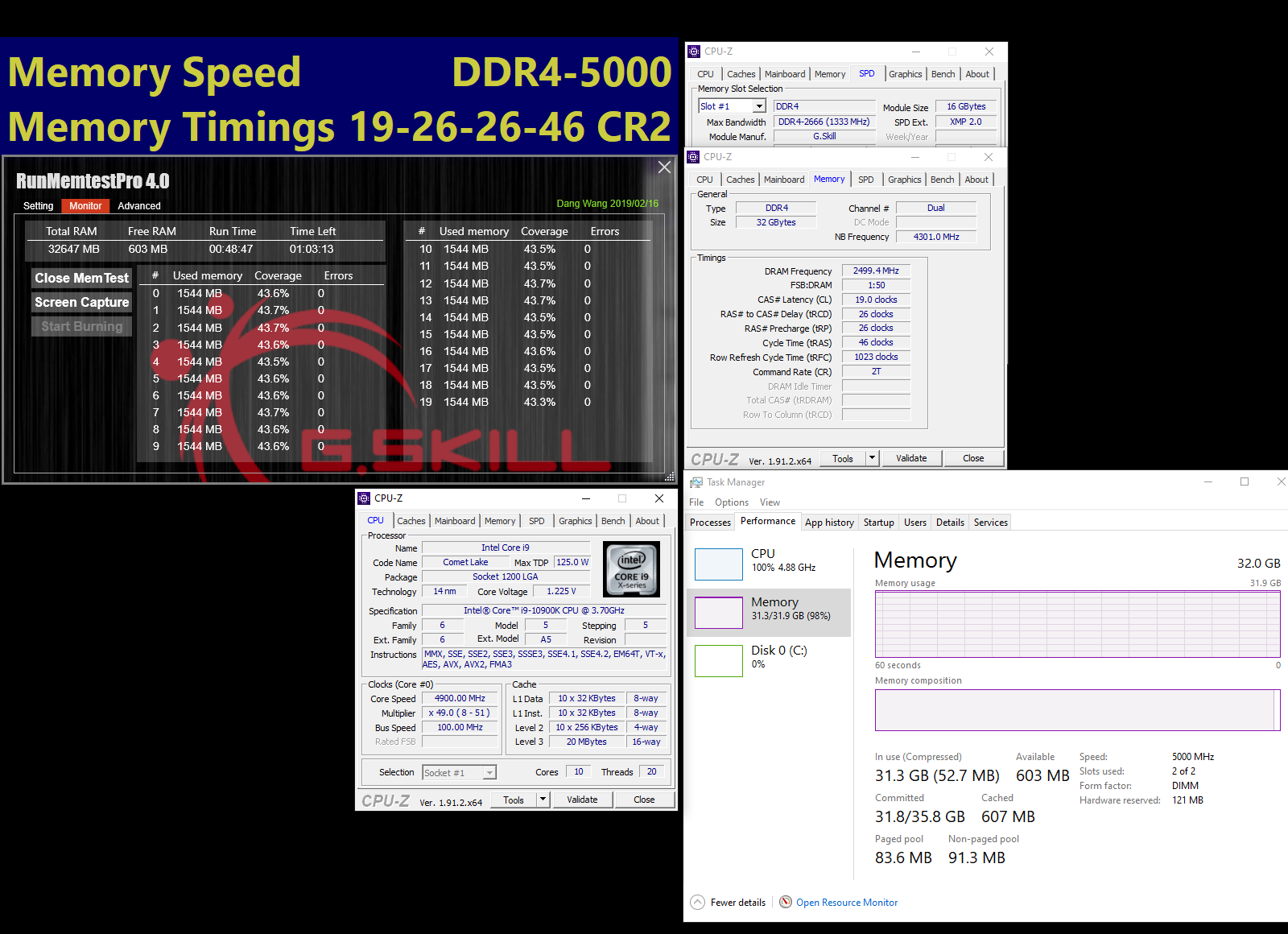 04 5000 c19 26 26 46 16gx2 G.SKILL เปิดตัวแรม DDR4 รุ่นใหม่ล่าสุดสำหรับซีพียู Intel 10th Gen เมนบอร์ด Z490 ในรุ่น TridenZ Royal DDR4 4400MHz ความจุ 8GB และ 16GB และรุ่น DDR4 4400 ความจุสูงถึง 32GB รุ่นใหม่ล่าสุด ที่สามารถโอเวอร์คล๊อกได้ไกลทะลุ DDR4 5000Mhz เลยทีเดียว!!