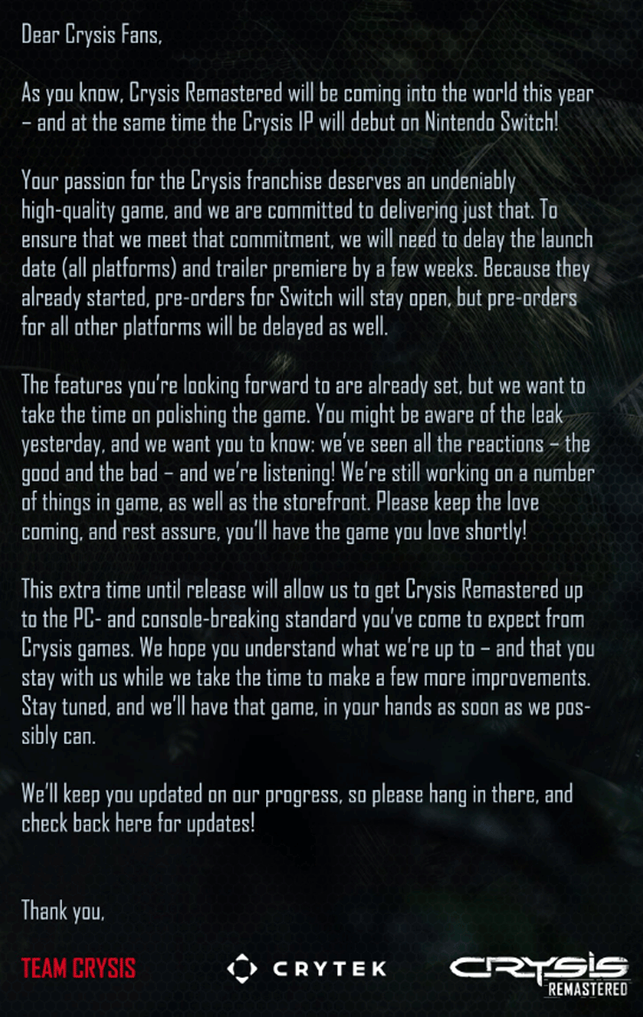 untitled-1 untitled 1 Crytek ประกาศเลื่อน Crysis Remastered ออกไป หลังจากมีดราม่าในเรื่องกราฟฟิกและจะปรับปรุงอัพเดทให้ดีมากขึ้นกว่าเดิม!!