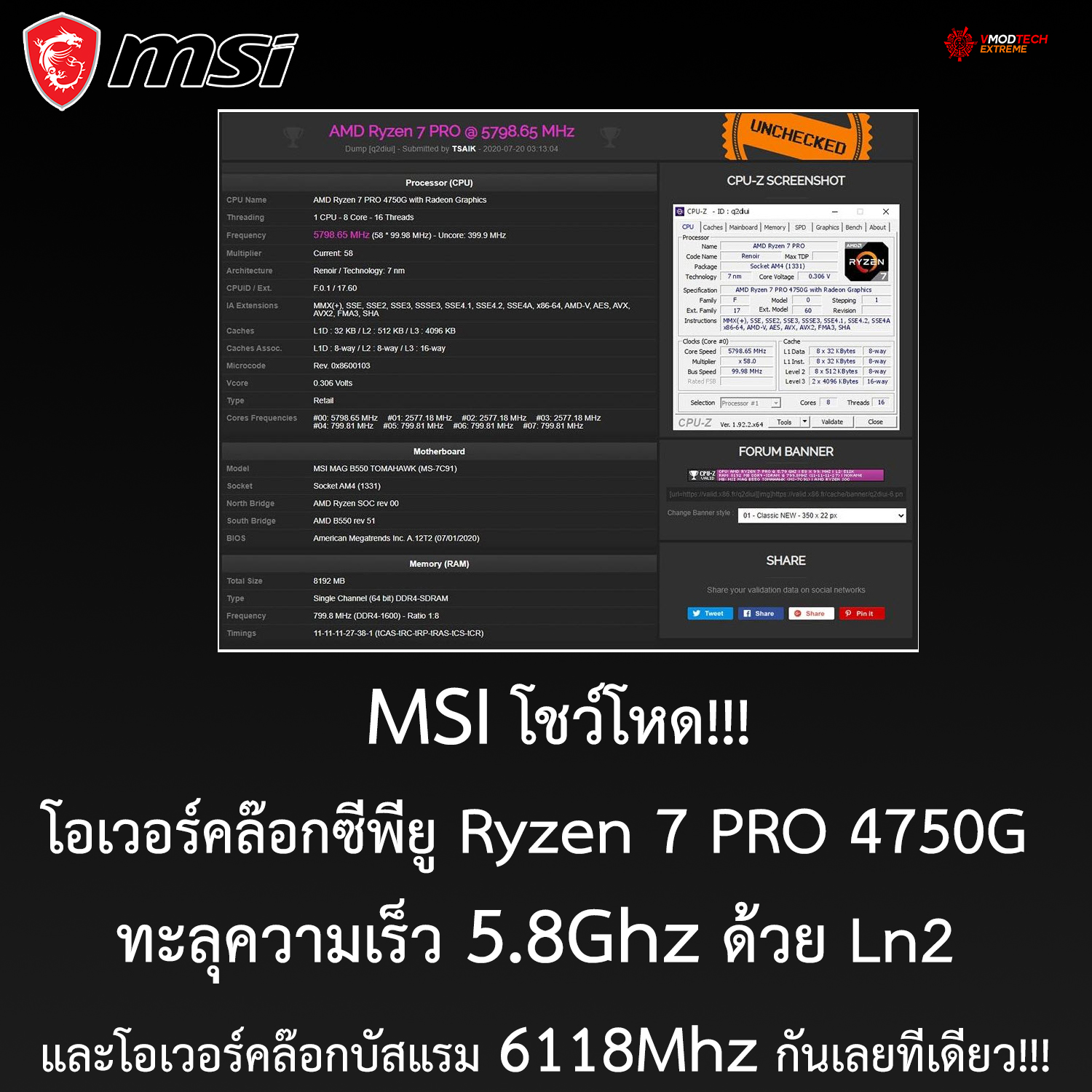 msi-oc-ryzen-7-pro-4750g-5800mhz msi oc ryzen 7 pro 4750g 5800mhz MSI โชว์โหดโอเวอร์คล๊อกซีพียู Ryzen 7 PRO 4750G ทะลุความเร็ว 5.8Ghz ด้วย Ln2 และโอเวอร์คล๊อกบัสแรมทะลุ 6118Mhz กันเลยทีเดียว!!!