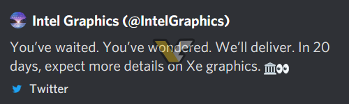 intel-xe-graphics-tweet-1 intel xe graphics tweet 1 Intel โพสข้อความพร้อมเปิดเผยข้อมูลการ์ดจอ Intel Xe ใน 20วันแต่ก็ลบข้อความออกใน 3ชั่วโมงต่อมา