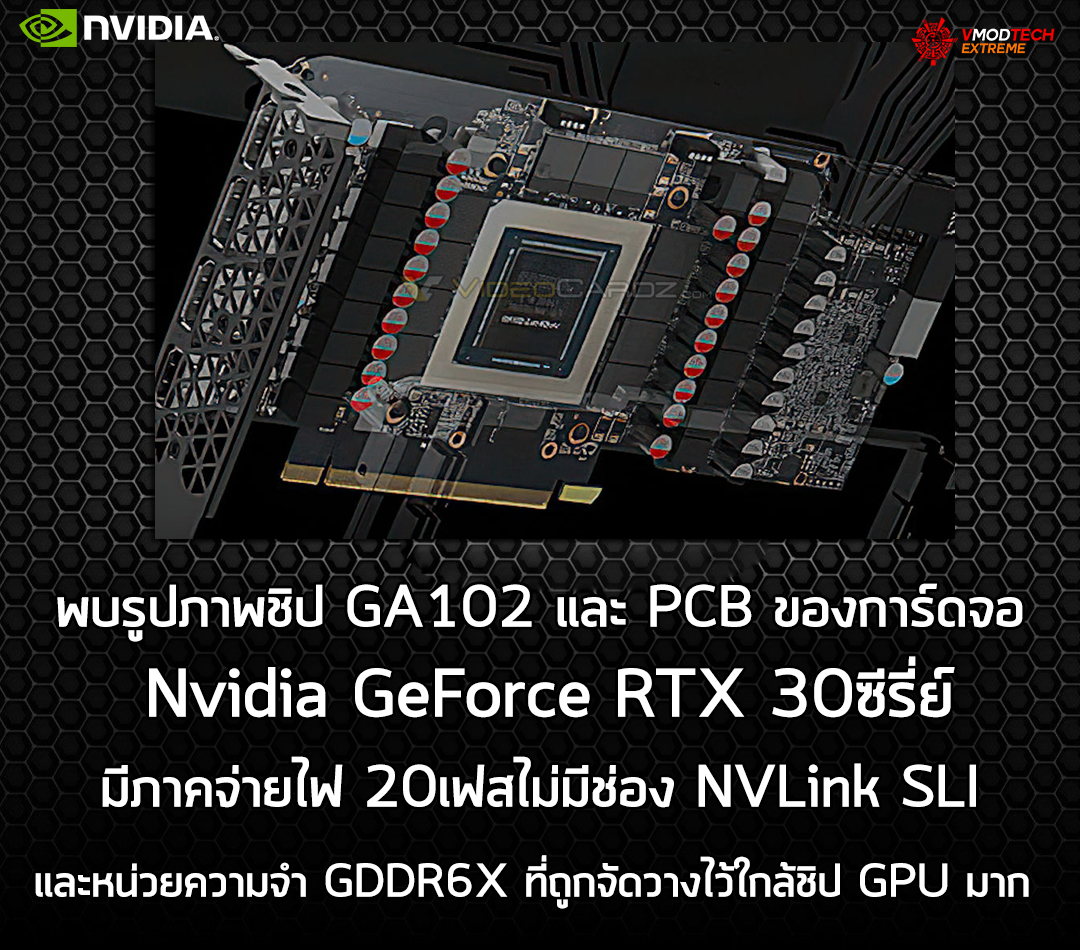 nvidia geforce rtx 30 ga102 pcb พบรูปภาพชิป GA102 และ PCB ของการ์ดจอ Nvidia GeForce RTX 30ซีรี่ย์มีภาคจ่ายไฟ 20เฟสและหน่วยความจำ GDDR6X ที่ถูกจัดวางไว้ใกล้ชิป GPU มาก 