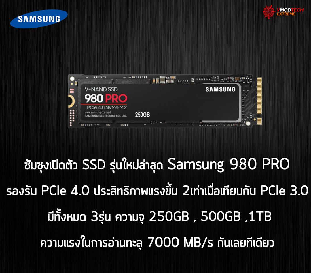 samsung 980 pro ซัมซุงเปิดตัว SSD รุ่นใหม่ล่าสุด Samsung 980 PRO ที่รองรับ PCIe 4.0 เต็มรูปแบบพร้อมกับความแรงในการอ่านทะลุ 7000 MB/s กันเลยทีเดียว