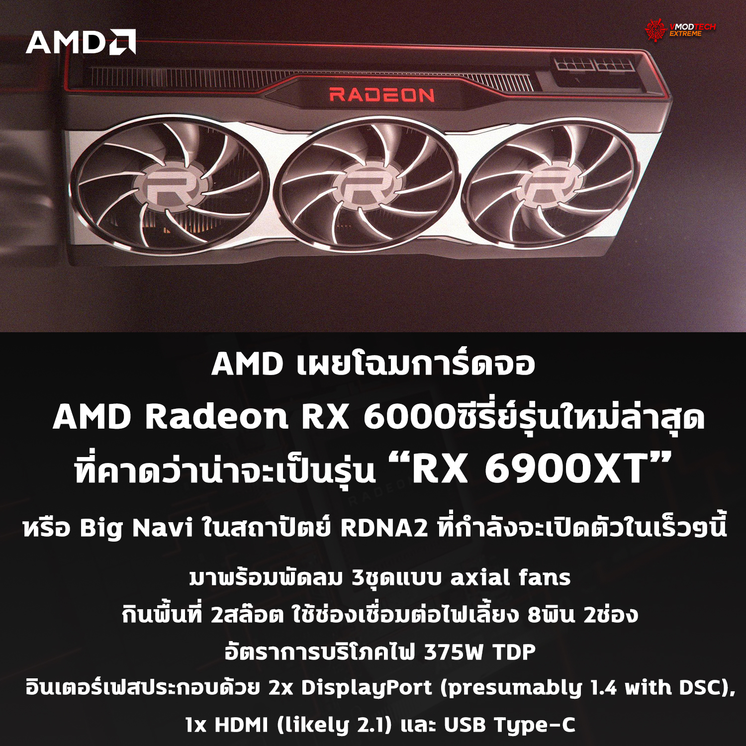 AMD เผยโฉมการ์ดจอ AMD Radeon RX 6000ซีรี่ย์รุ่นใหม่ล่าสุดที่คาดว่าน่าจะเป็นรุ่น RX 6900XT หรือ Big Navi ในสถาปัตย์ RDNA2 ที่กำลังจะเปิดตัวในเร็วๆนี้ 