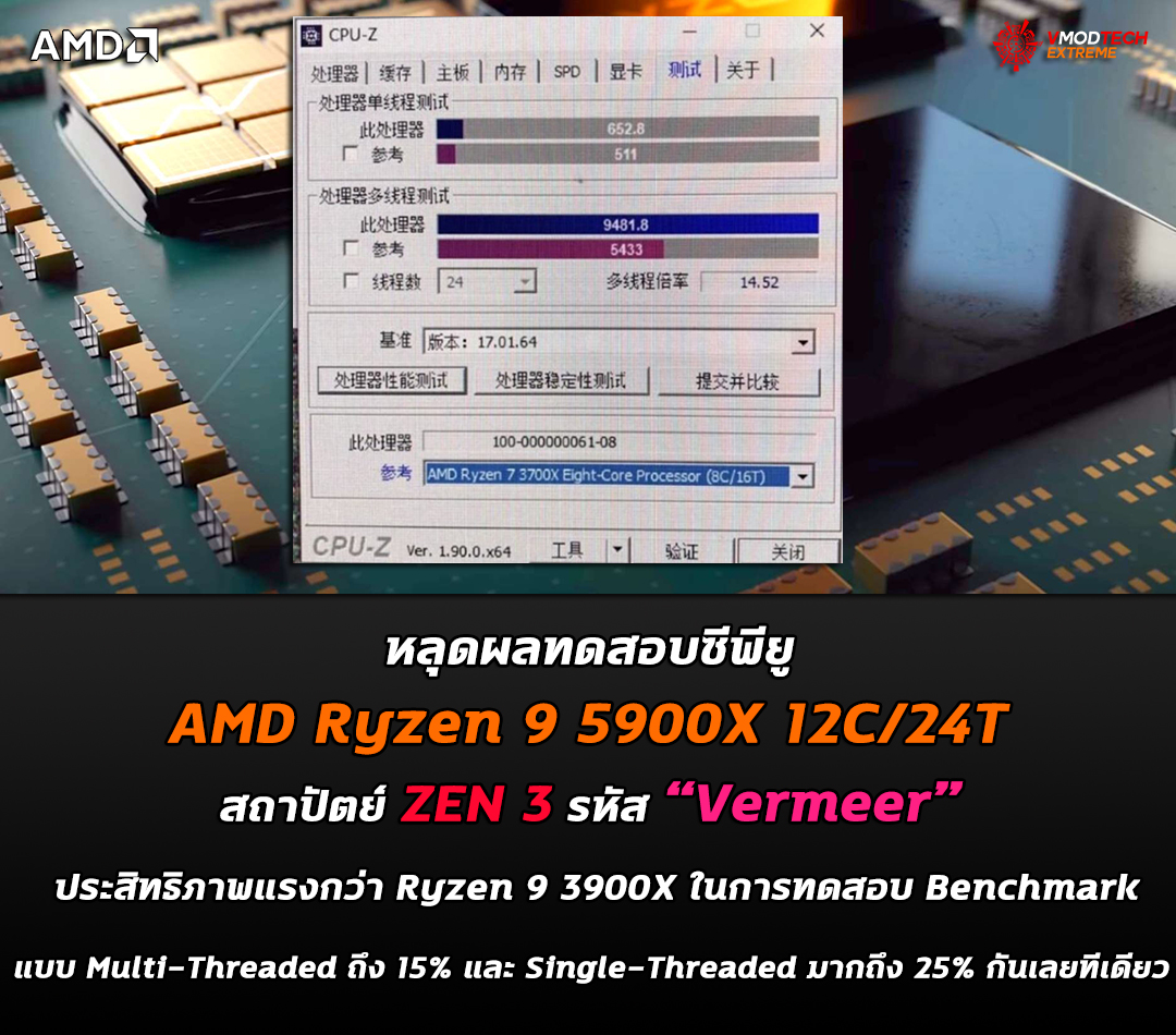 หลุดผลทดสอบซีพียู AMD Ryzen 9 5900X 12C/24T สถาปัตย์ ZEN 3 ประสิทธิภาพแรงกว่า Ryzen 9 3900X ในการทดสอบ Multi-Threaded ถึง 15% และ Single-Threaded มากถึง 25% กันเลยทีเดียว  