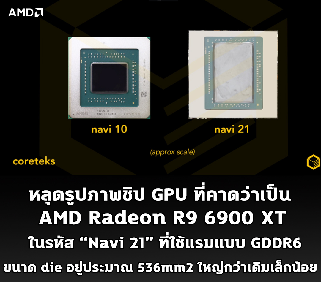amd radeon r9 6900 xt navi 21 หลุดรูปภาพชิป GPU ที่คาดว่าเป็น AMD Radeon R9 6900 XT ในรหัส “Navi 21” ที่ใช้แรมแบบ GDDR6 