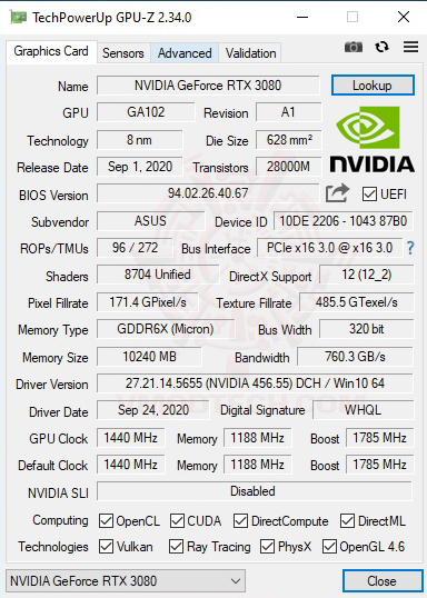 gpuz ASUS TUF Gaming GeForce RTX 3080 10GB REVIEW
