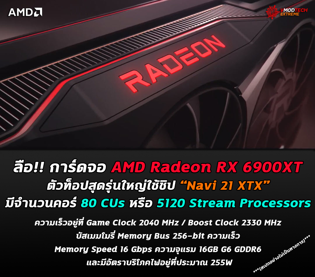 ลือ!! การ์ดจอ AMD Radeon RX 6900XT ตัวท็อปรุ่นใหญ่ Navi 21 XTX มีจำนวนคอร์ 80 CUs หรือ 5120 Stream Processors กันเลยทีเดียว