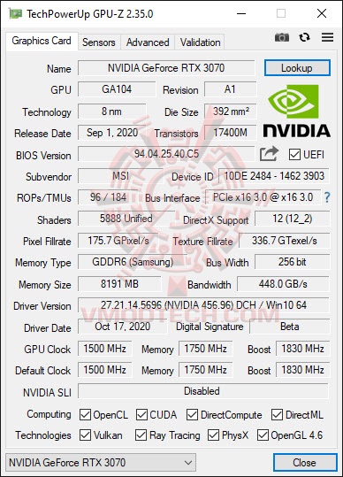 gpuz MSI GeForce RTX™ 3070 GAMING X TRIO 8G Review