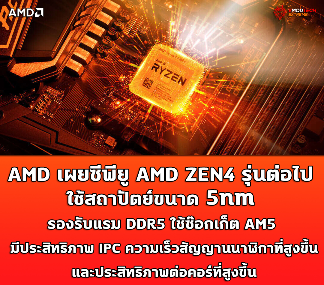 AMD เผยซีพียู AMD ZEN4 จะใช้สถาปัตย์ขนาด 5nm รองรับแรม DDR5 ใช้ซ๊อกเก็ต AM5 มีประสิทธิภาพ IPC สัญญาณนาฬิกาที่สูงขึ้นประสิทธิภาพคอร์ที่สูงขึ้นและการ์ดจอ RDNA 3 ประสิทธิภาพต่อวัตต์สูงขึ้นในอนาคต 