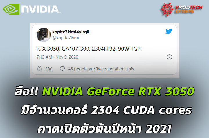 ลือ!! NVIDIA GeForce RTX 3050 มีจำนวนคอร์ 2304 CUDA cores 