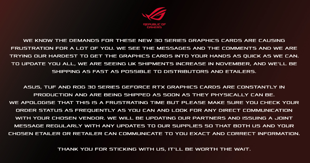 asus-geforce-rtx-30-uk-stock asus geforce rtx 30 uk stock เอซุส UK คาดว่าจะมีการ์ดจอ Nvidia GeForce RTX 30 เพิ่มขึ้นในเดือนพฤจิกายนที่จะถึงนี้