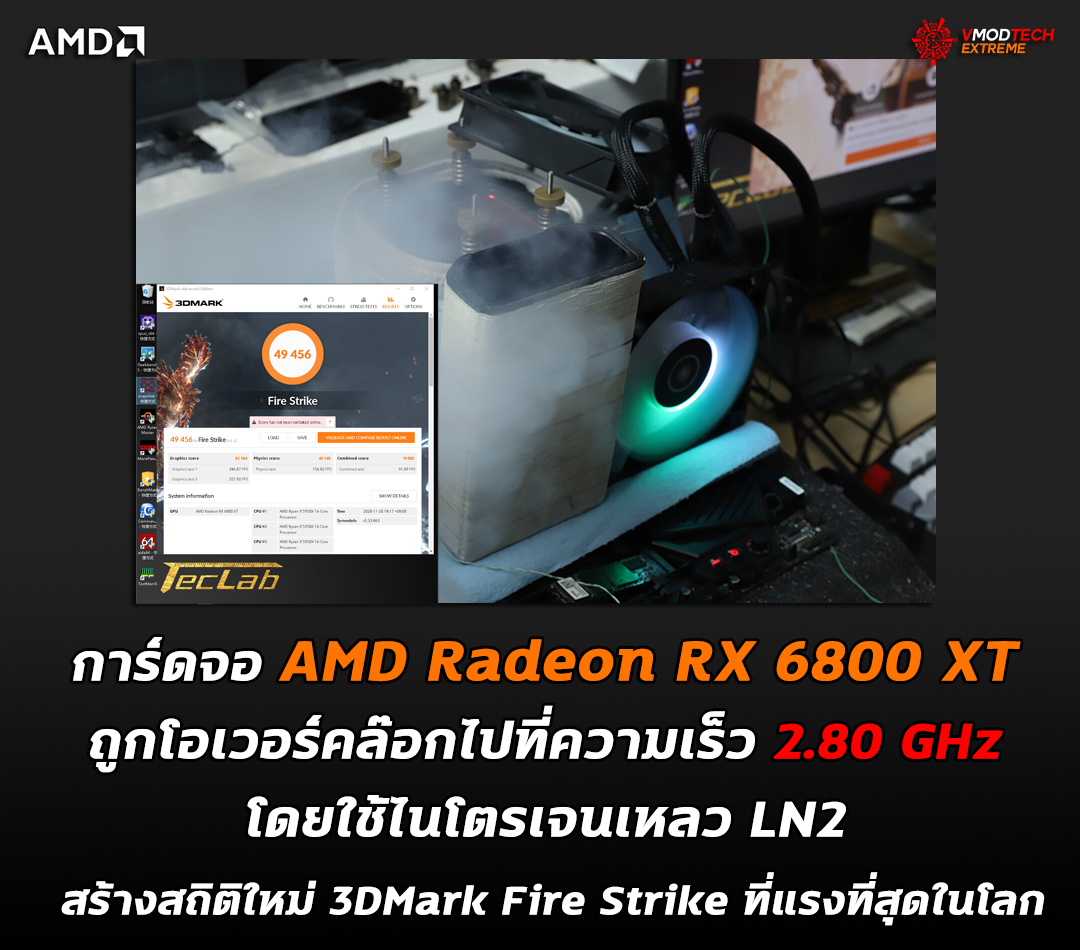 amd radeon rx 6800 xt ln2 oc fire strike การ์ดจอ AMD Radeon RX 6800 XT ถูกโอเวอร์คล๊อกไปที่ความเร็ว 2.80 GHz โดยใช้ไนโตรเจนเหลว LN2 สร้างสถิติใหม่ 3DMark Fire Strike ที่แรงที่สุดในโลก